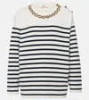 Valentino Embellished Striped Ribbed Cotton Sweater In Blau
