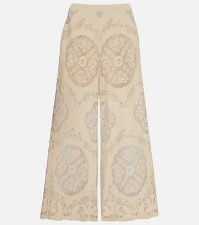 Valentino Embroidered Cotton-blend Wide-leg Pants In Brown