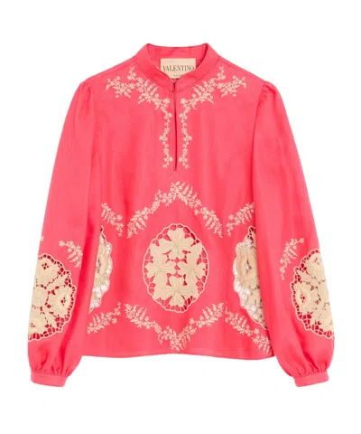 Valentino Embroidered Couture Linen Top In Pink