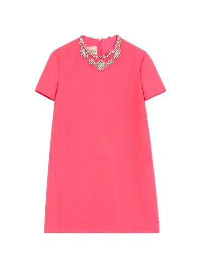 Valentino Crystal Embroidered Wool-silk Mini Dress In Pink