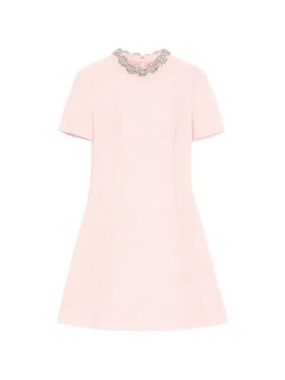Valentino Embroidered Crinkle Cotton Tweed Short Dress In Pink