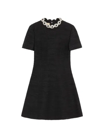 Valentino Embroidered Crinkle Cotton Tweed Short Dress In Black