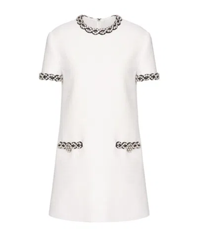 Valentino Embroidered Crisp Tweed Short Dress In White