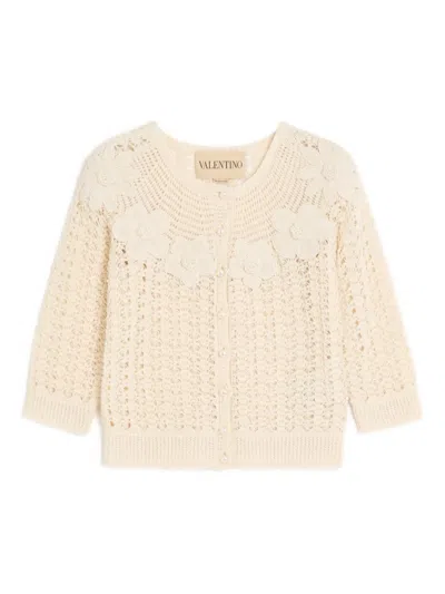 Valentino Embroidered Crochet-flower Cardigan In Neutral