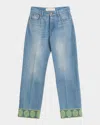 Valentino Medium Blue Jeans With Green Embroidery, Straight Leg, High Waist In Denim