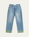 Valentino Medium Blue Jeans With Green Embroidery, Straight Leg, High Waist In Denim