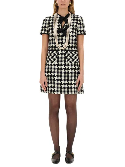 VALENTINO EMBROIDERED DAMIER LIGHT TWEED SHORT DRESS