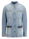 Valentino Embellished Printed Chiffon-trimmed Denim Jacket In Blue