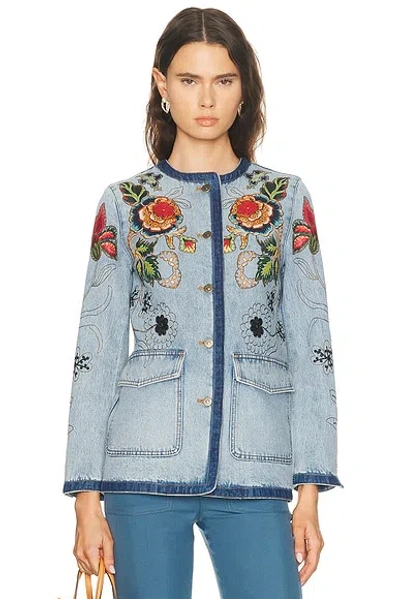 Valentino Womens Denim Blu Lav Chiaro Floral Embroidered Denim Jacket In Blue