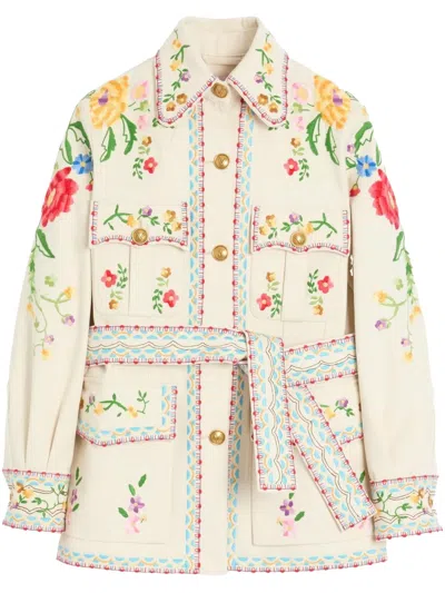 Valentino Denim Blazer With Floral Embroidery And Belt In White