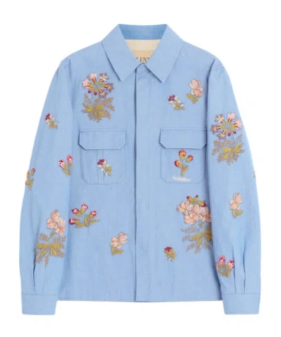 Valentino Embroidered Denim Shirt In Blue
