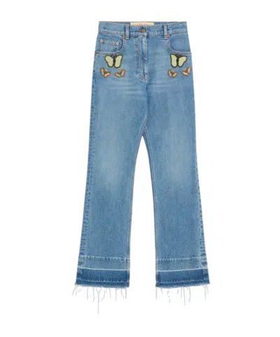 Valentino Embroidered Denim Trousers In Blue