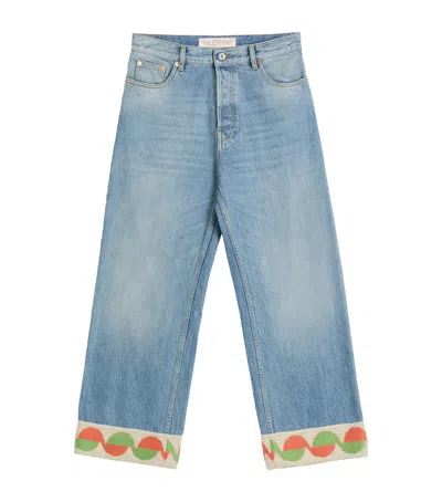 Valentino Embroidered-detail Wide-leg Jeans In Blue