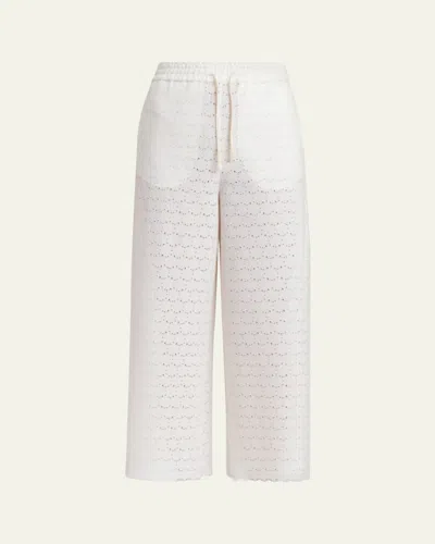 Valentino Embroidered Eyelet Cotton Drawstring Pants In Milk White