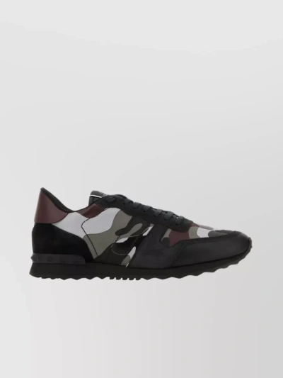 Valentino Garavani Embroidered Fabric Camouflage Rockrunner Sneakers In Black