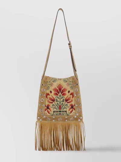 Valentino Garavani Embroidered Floral Fringe Stud Shoulder Bag