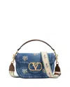 Valentino Alltime Medium Embroidered Denim Shoulder Bag With Embroidered Ribbon Strap In Multi