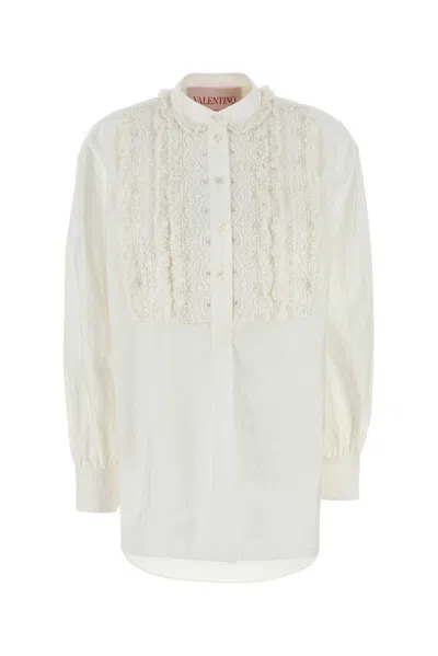 Valentino Embroidered Frilled Curved Hem Blouse In White