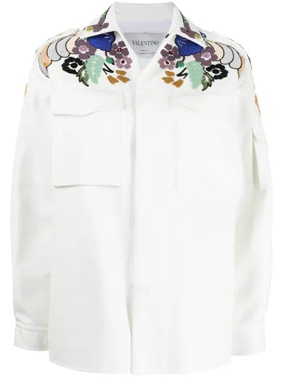 Valentino Embroidered Gabardine Shirt Jacket In White
