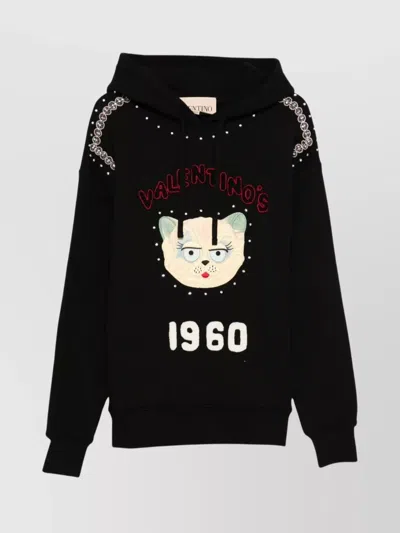 Valentino Embroidered Graphic Hooded Sweater In Black