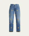 Valentino Embroidered Heart Denim Pants With Floral Boarder In Blue