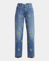 Valentino Embroidered Heart Denim Pants With Floral Boarder In Blue