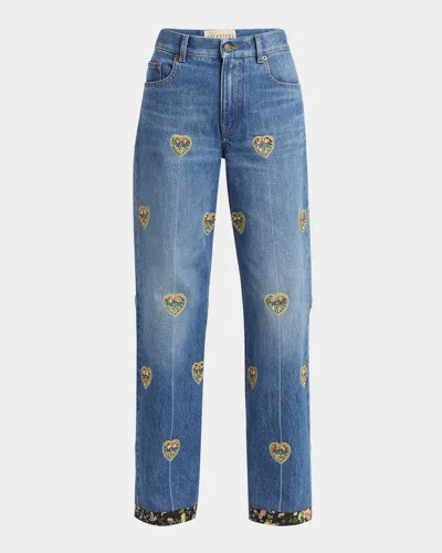 Valentino Embroidered Heart Denim Pants With Floral Boarder In Blue