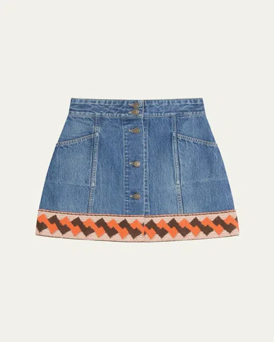 VALENTINO EMBROIDERED HEM DENIM MINI SKIRT