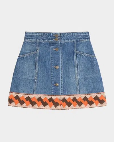 VALENTINO EMBROIDERED HEM DENIM MINI SKIRT
