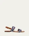 Valentino Embroidered Fabric Vlogo Signature Flat Sandals In Tobaccco / Blu / Naturale