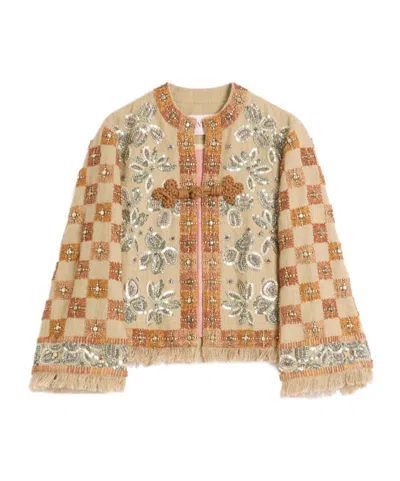 Valentino Garavani Linen Blazer With Intricate Ethnic Embroidery In Brown