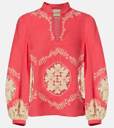 Valentino Embroidered Couture Linen Top In Pink