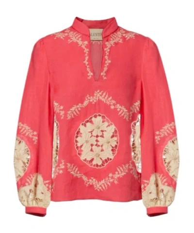 Valentino Embroidered Linen Shirt In Red