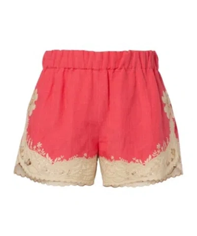 Valentino Embroidered Linen Shorts In Red