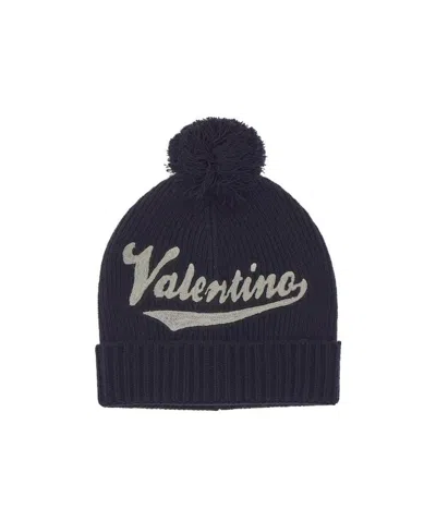 Valentino Garavani Embroidered Logo Pompom Beanie In Black