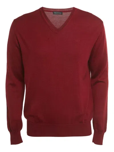 Pre-owned Valentino Embroidered Logo V-neck Jumper In Red