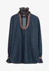 Valentino Womens Embroidered Frilled Cotton-denim Shirt Medium Blue Denim In Blue