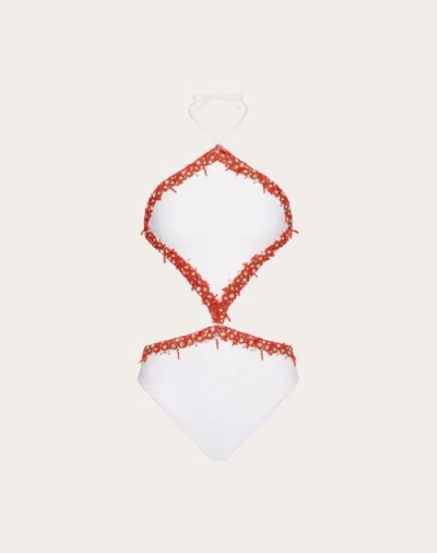 Valentino Embroidered Lycra Swimsuit Woman White/coral S