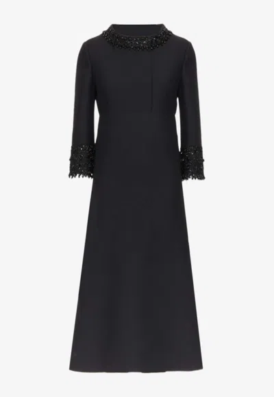 Valentino Embroidered Midi Dress In Black