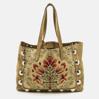 Pre-owned Valentino Garavani Embroidered Nellcôte Olive Green Fabric And Suede Tote