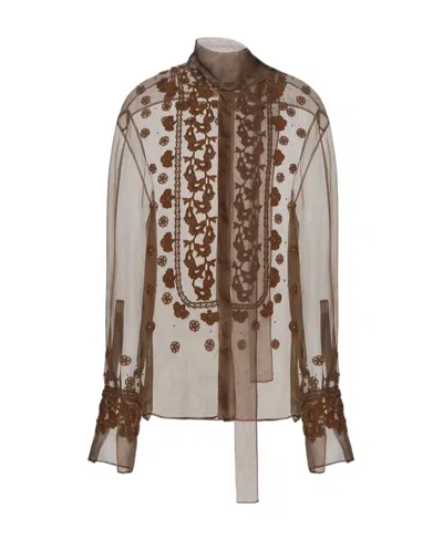 Valentino Embroidered Organza Shirt In Brown