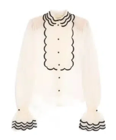 Valentino Organza Shirt With Embroidered Bib In Neutral