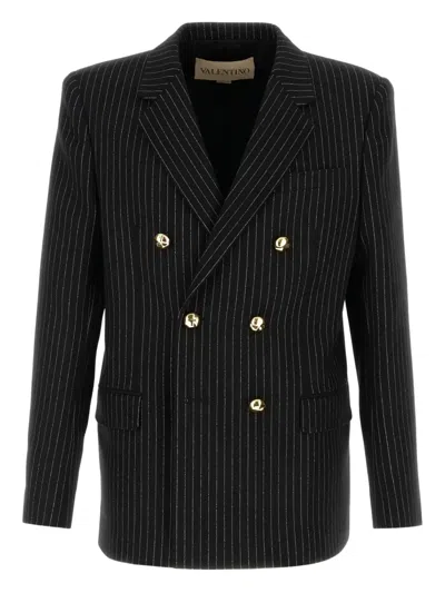 Valentino Double-breasted Pinstripe Blazer Gold Buttons In Black