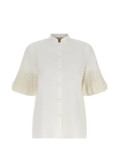 Valentino Poplin Shirt Embroidered Mandarin Collar Pleated Sleeves In Neutral