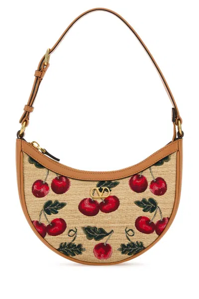 Valentino Garavani Embroidered Raffia Mini Vlogo Signature Shoulder Bag In Naturalemulticolornaturalcamel