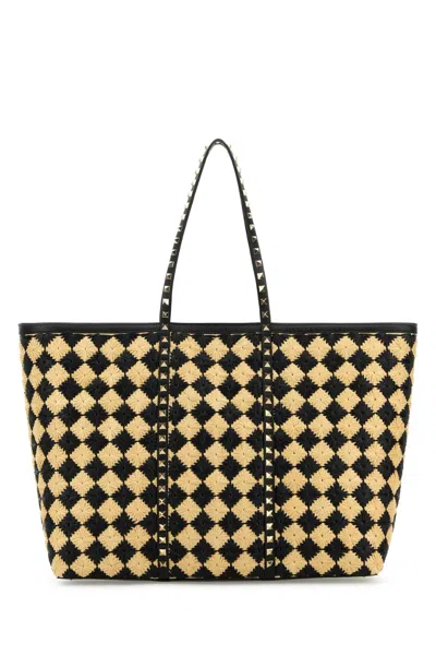 Valentino Garavani Embroidered Raffia Rockstud Shopping Bag In Neutral