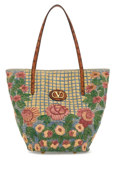 VALENTINO GARAVANI EMBROIDERED RAFFIA VLOGO SIGNATURE SHOPPING BAG