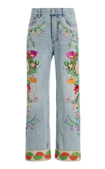 VALENTINO EMBROIDERED RIGID HIGH-RISE STRAIGHT-LEG JEANS