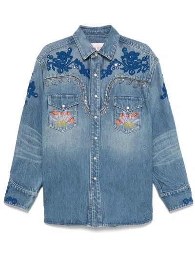 Valentino Embroidered Denim Shirt In Blau