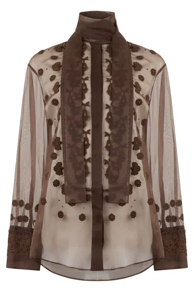 Valentino Embroidered Silk Blouse In Brown